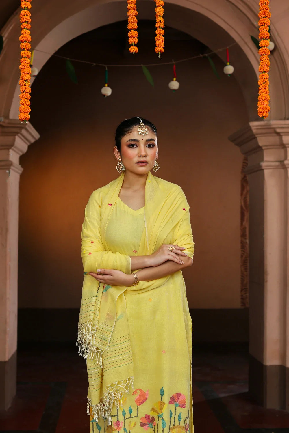 Premium Yellow Handloom Jamdani Kurta Set with Dupatta for Wedding Wear