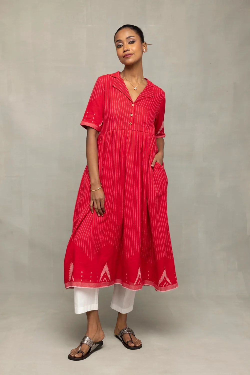 Red and White Temple Jamdani Pujo Kurta Set