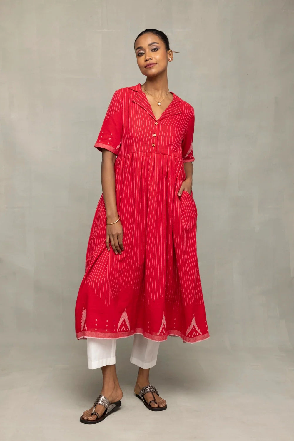 Red and White Temple Jamdani Pujo Kurta Set-Sutra Art of Clothing