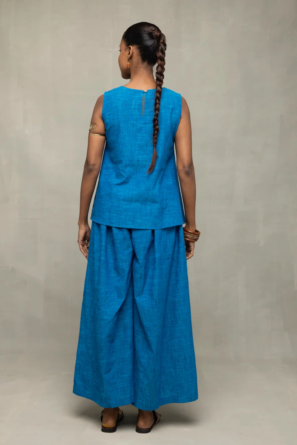 Relaxed Fit Azure Blue Textured Co-ord Set with Sleeveless Top for Summer Wear