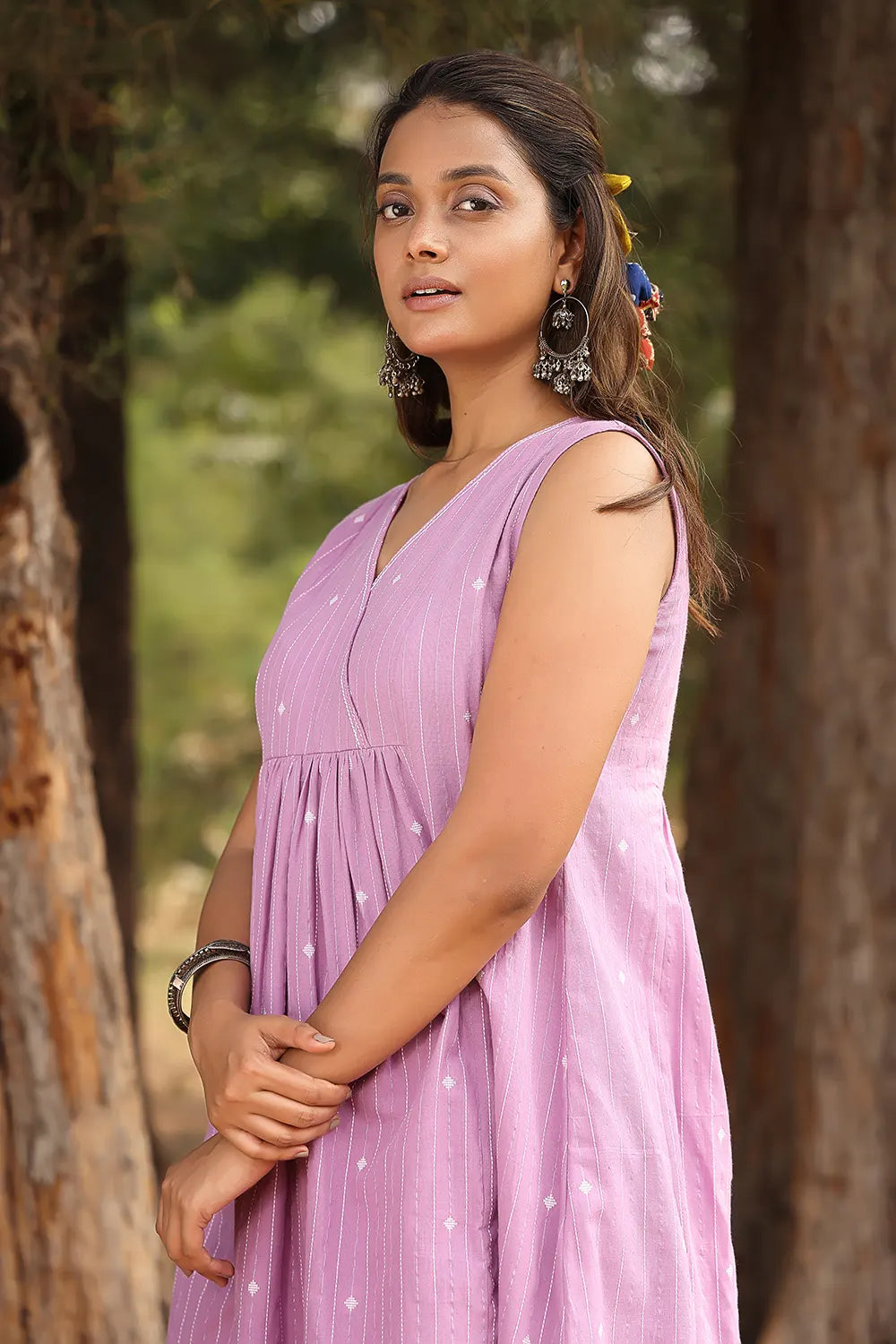 Relaxed Fit Lavender and White Pure Cotton Flared Co-ord Set for Summer Wear