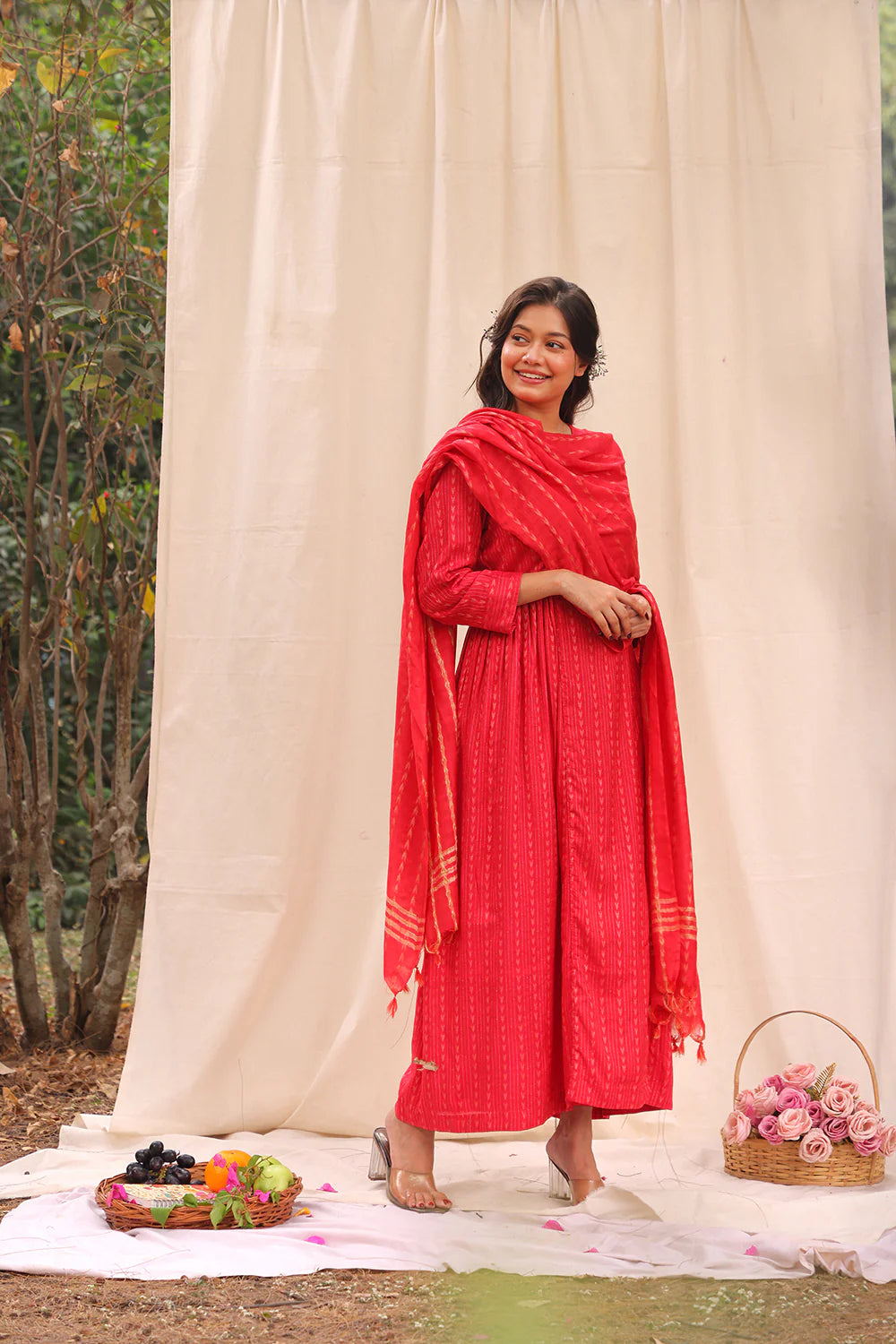 Rich Red Soft Cotton Silk Woven Kurta Set with Dupatta for Casual Wear