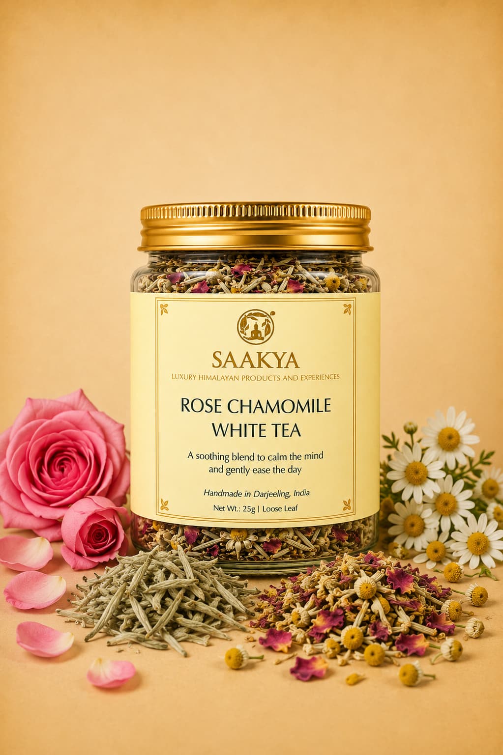 Saakya Himalayan Rose Chamomile White Tea handcrafted with premium Himalayan white tea, rose petals and chamomile flowers.