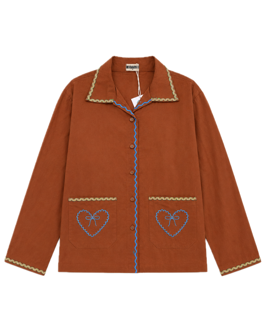 Brown cotton shirt with embroidered heart designs on a white background
