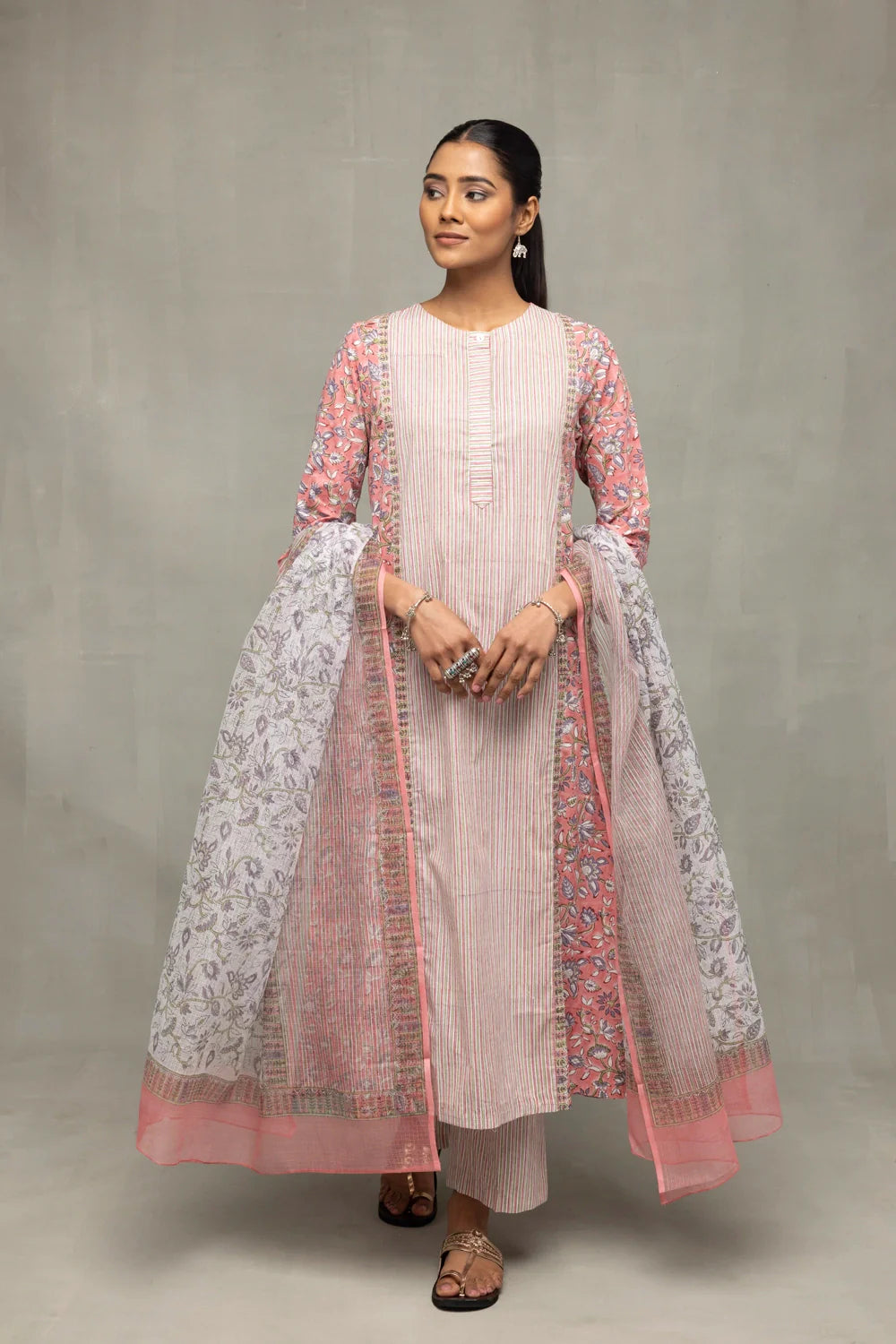 Salmon and Frost Block Printed Kurta Set with Dupatta