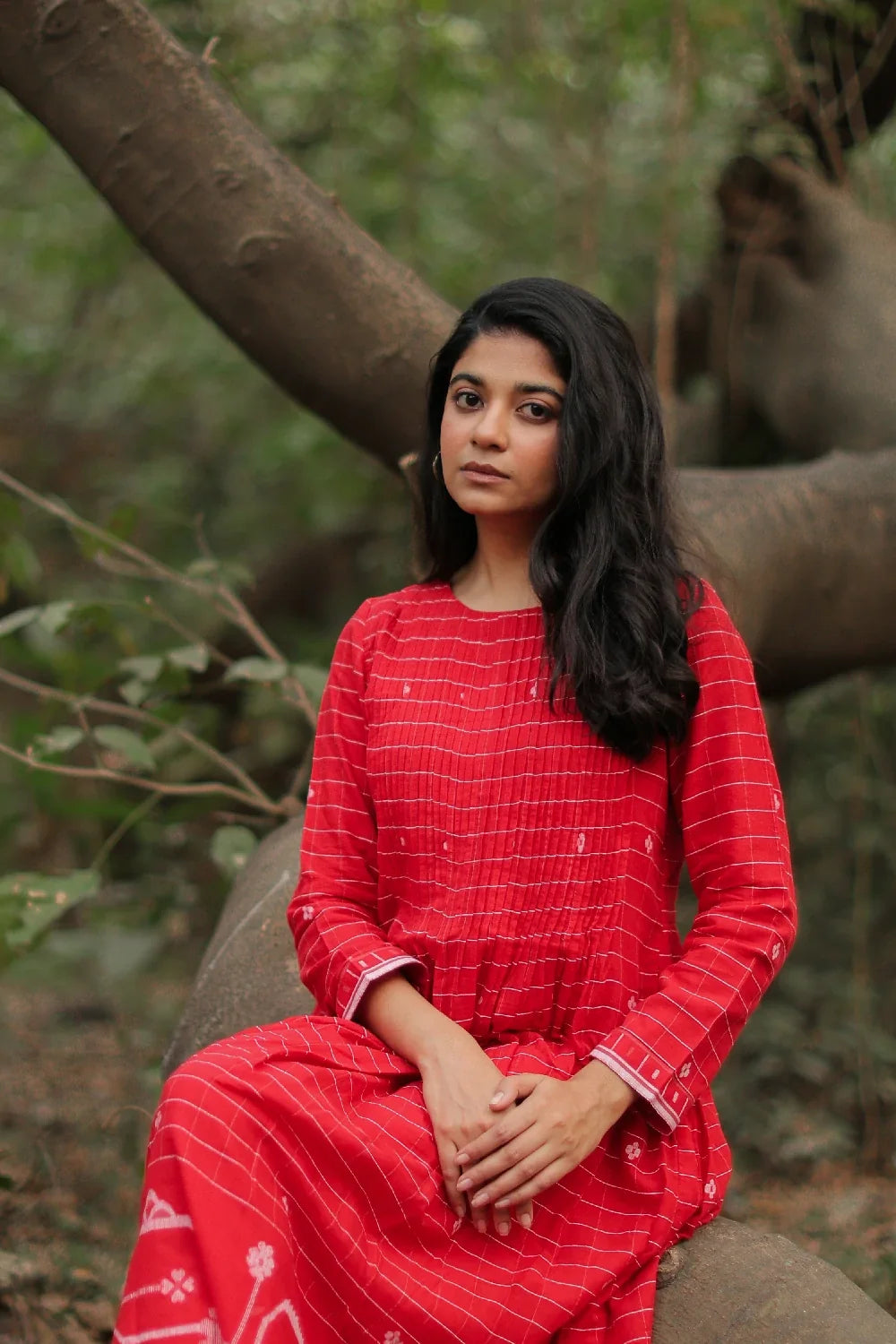 Scarlet Red Handwoven Jamdani Dress for Office Wear