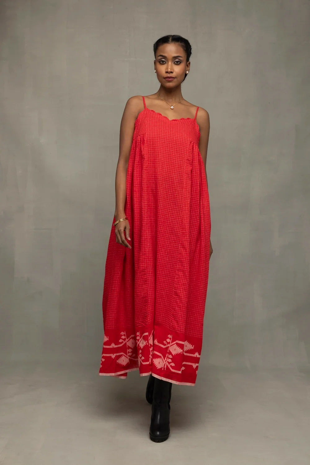 Scarlet Red Handwoven Pure Cotton Jamdani Dress-Sutra Art of Clothing