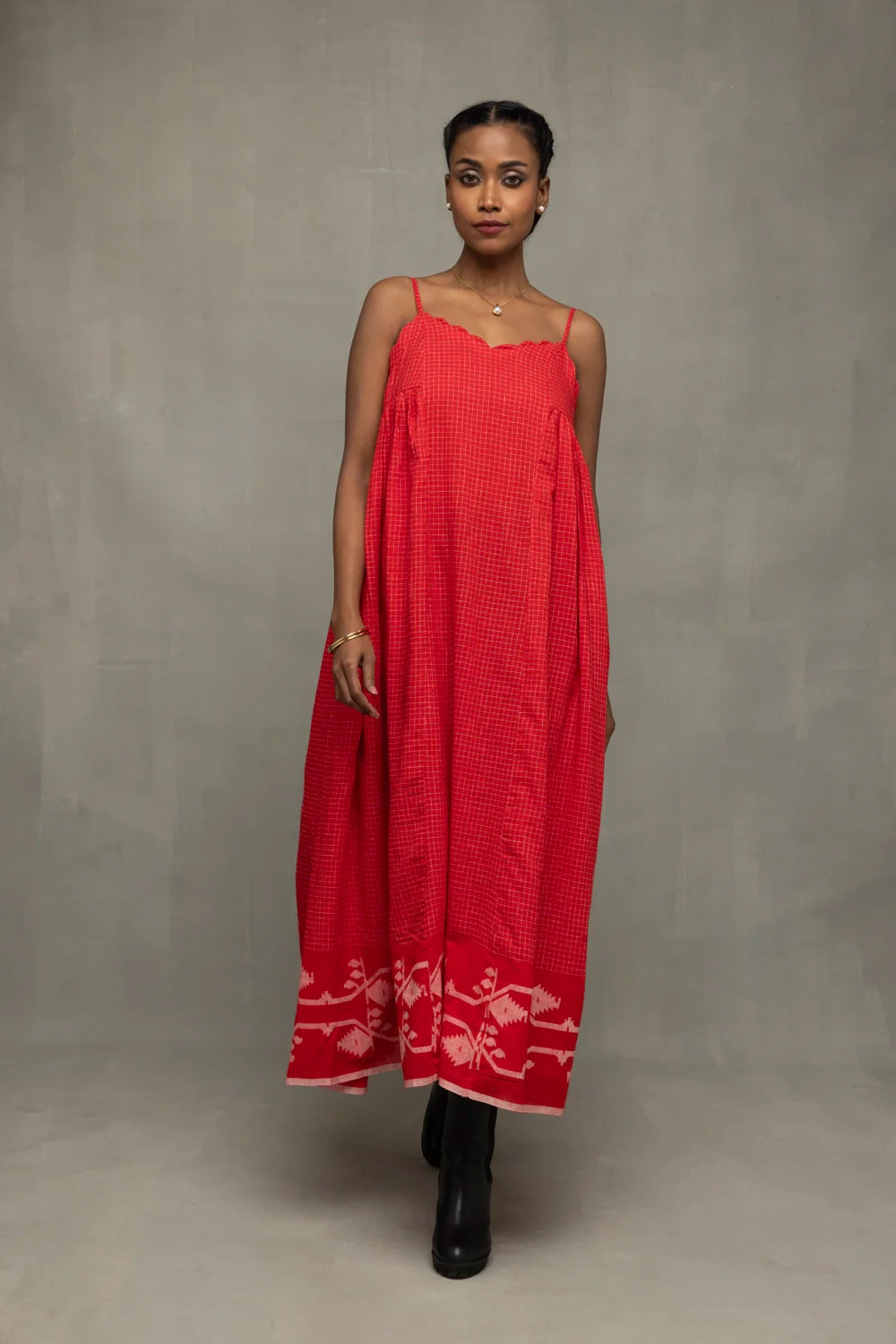 Scarlet Red Handwoven Pure Cotton Jamdani Dress