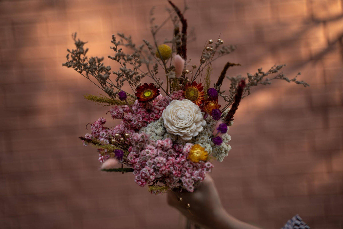 Close up of Serene Garden dried flower bouquet with premium floral arrangement