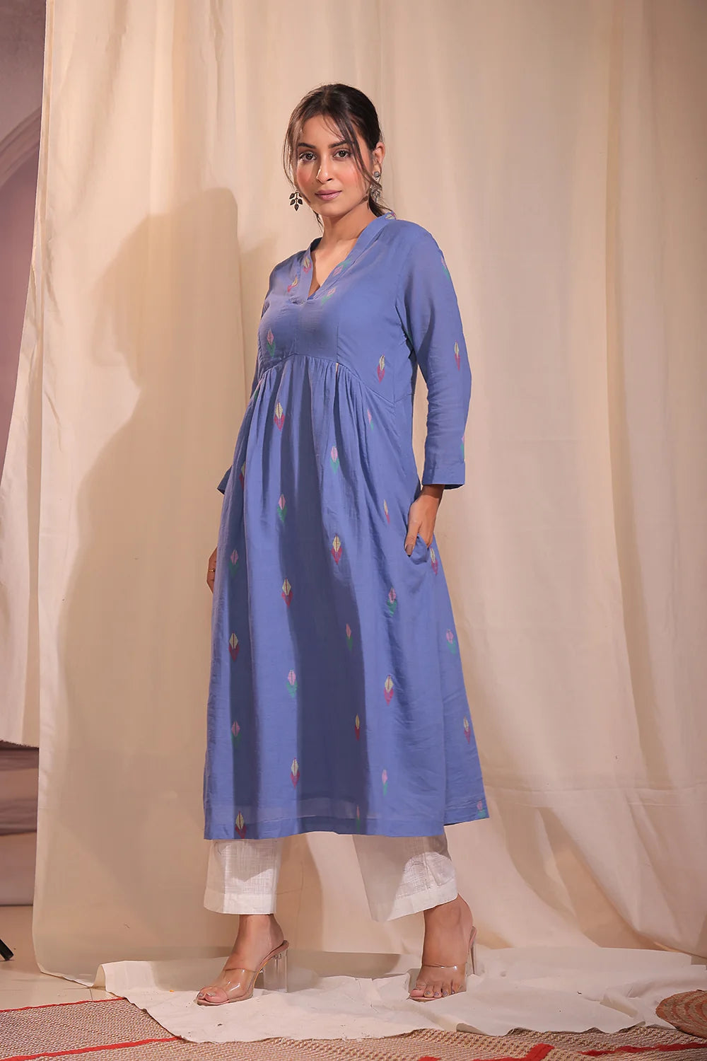Sky Blue Handloom Jamdani Kurta Set with Relaxed Fit for Summer Wear