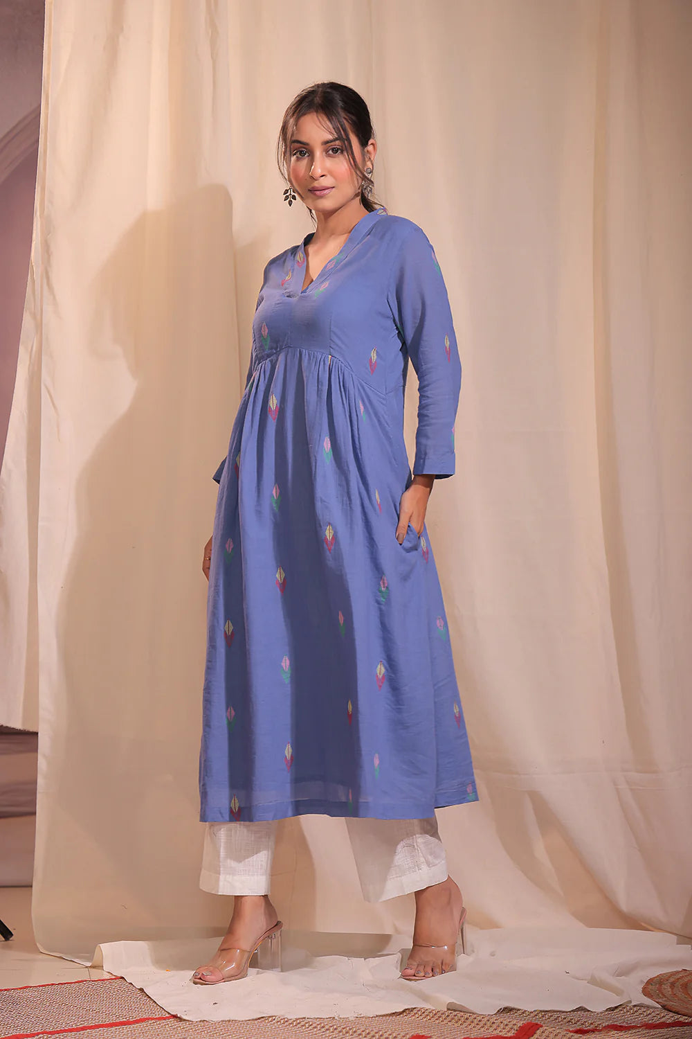 Sky Blue Handloom Jamdani Kurta Set with Relaxed Fit for Summer Wear