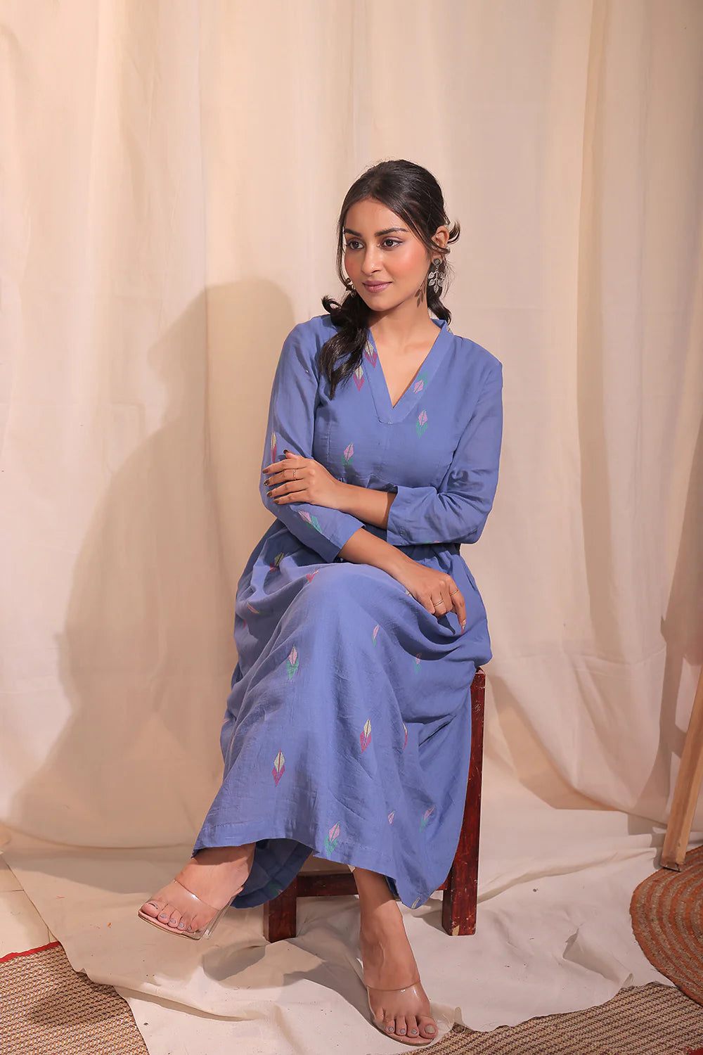 Sky Blue Handwoven Jamdani Kurta Set with Flared Hem for Ethnic Occasions