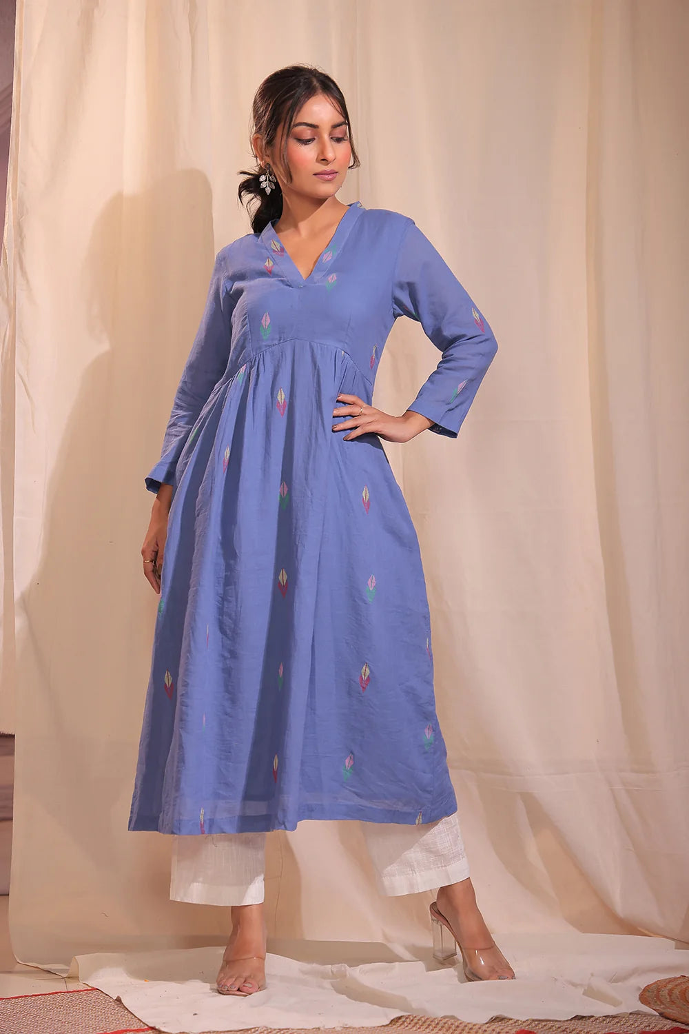 Sky Blue Pure Cotton Jamdani Kurta Set with Straight Fit for Work Wear