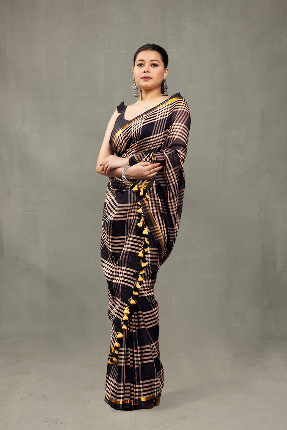 Soft Breathable Black Grey Check Mulmul Cotton Saree