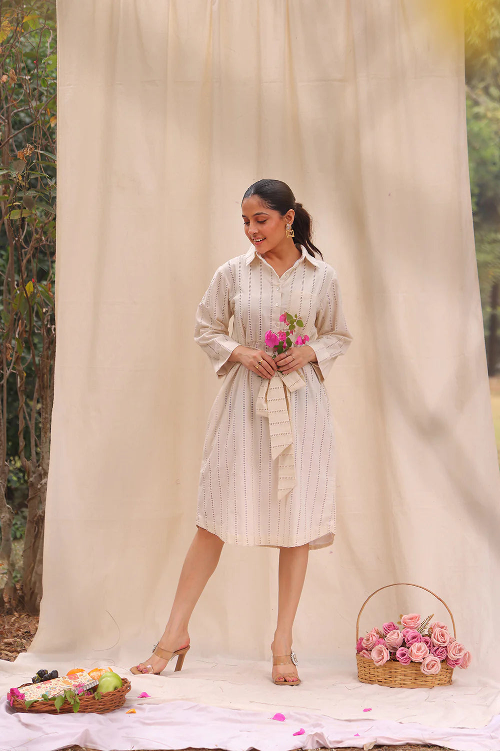 Soft Cream Cotton Shirt Dress for Weekend and Summer Wear