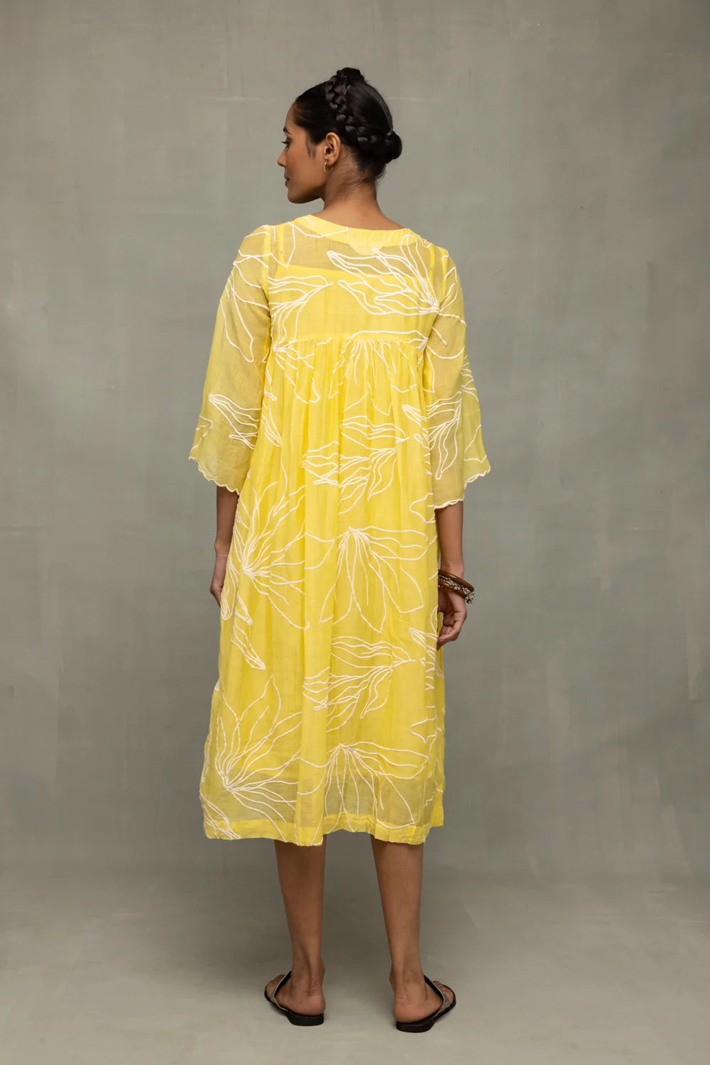Soft Lemon Yellow Mul Chanderi Embroidered Dress for Casual Everyday Wear