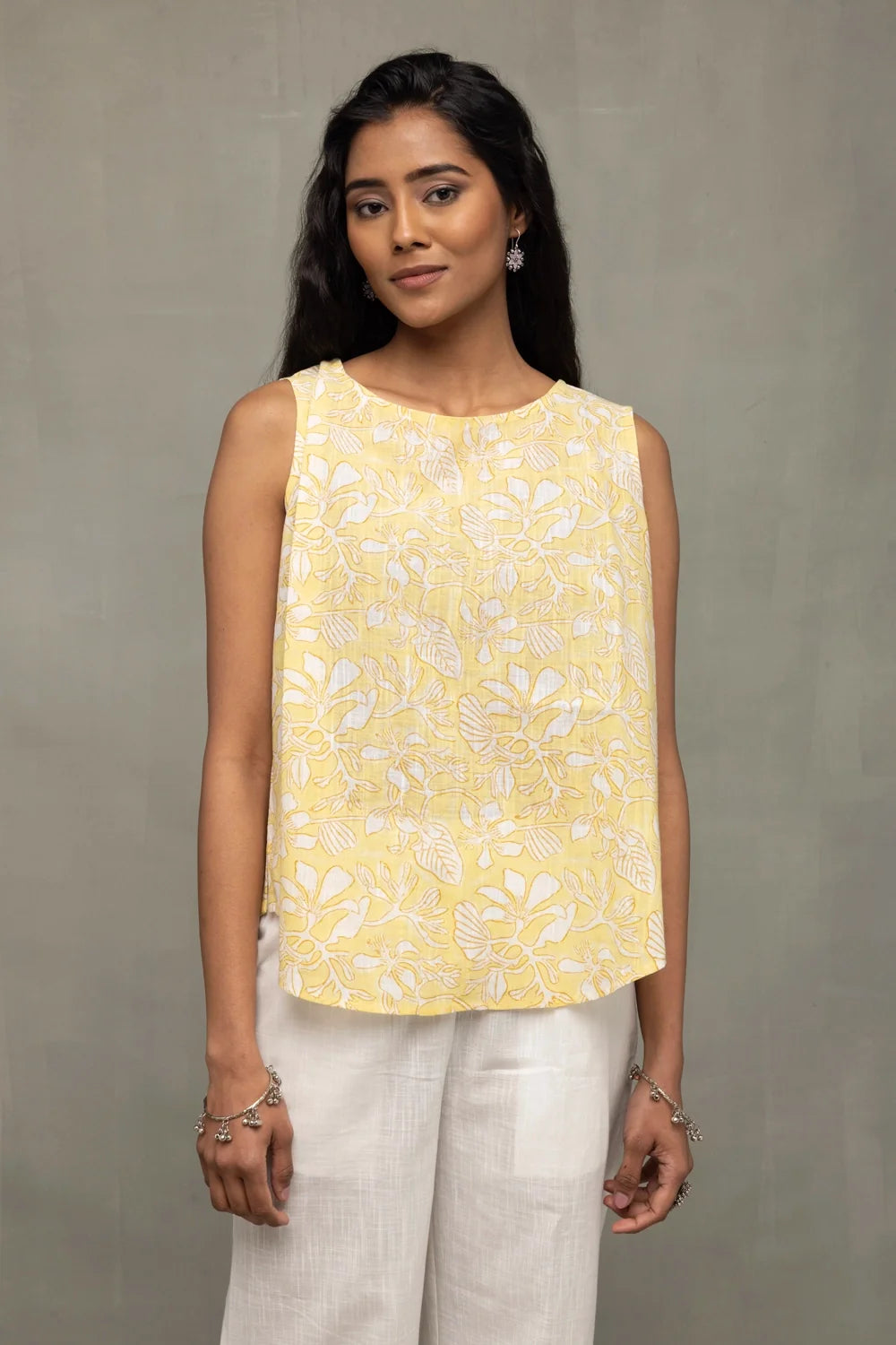Soft Sunshine Block Print Buttoned Cotton Top