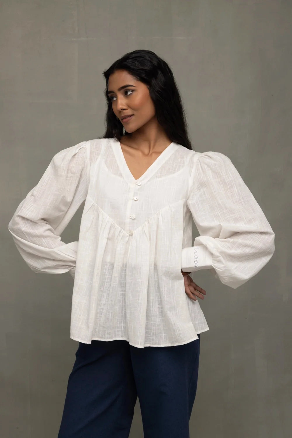 Soft White Cotton Cloud Gathered Top for Weekend Wear