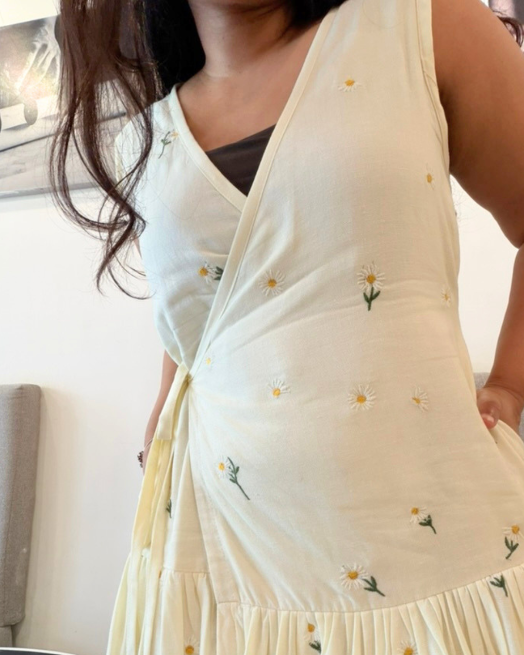 Drop waist gathered hem linen summer dress