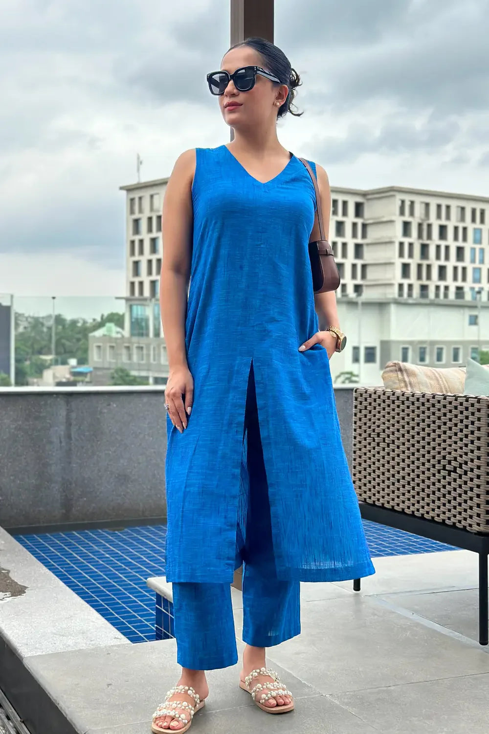 Teal Blue Pure Cotton Co-ord Set-Sutra Art of Clothing