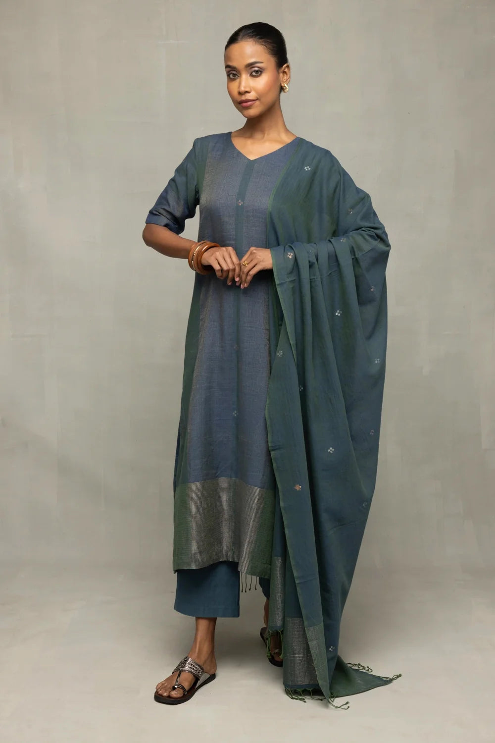 Teal Jamdani Kurta Set with Silver Zari Border and Dupatta