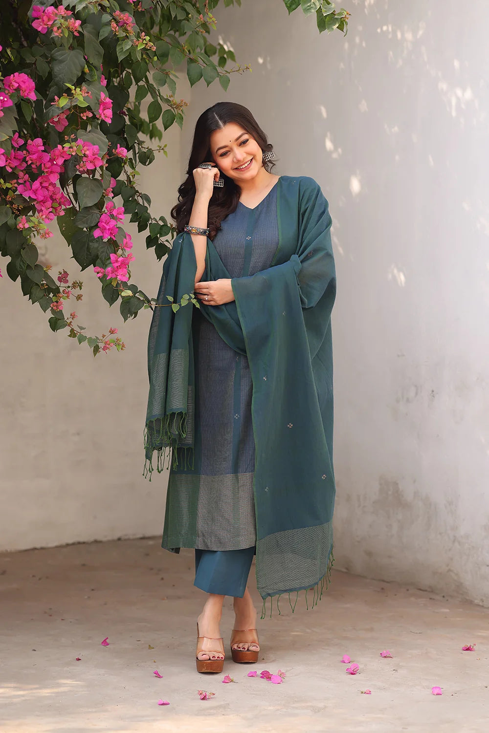 Teal Jamdani Kurta Set with Silver Zari Border for Casual Wear