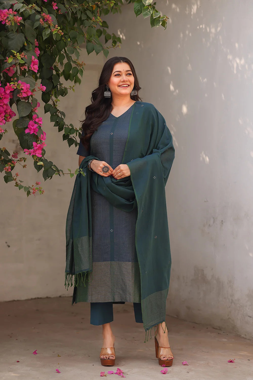 Teal Jamdani Straight Fit Kurta Set with Silver Zari Border for Office Wear