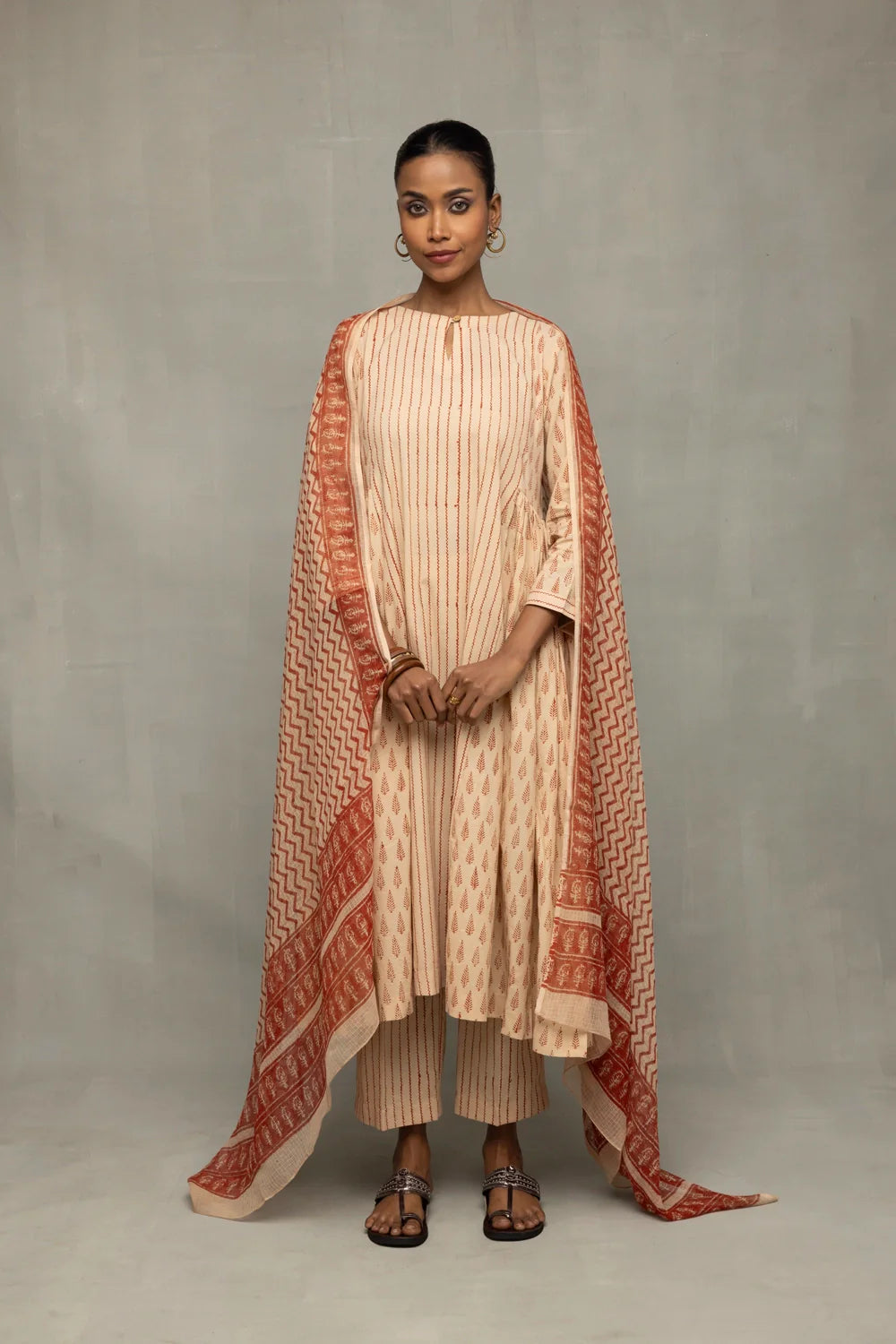 Terracotta and Cream Block Printed Kurta Set with Dupatta