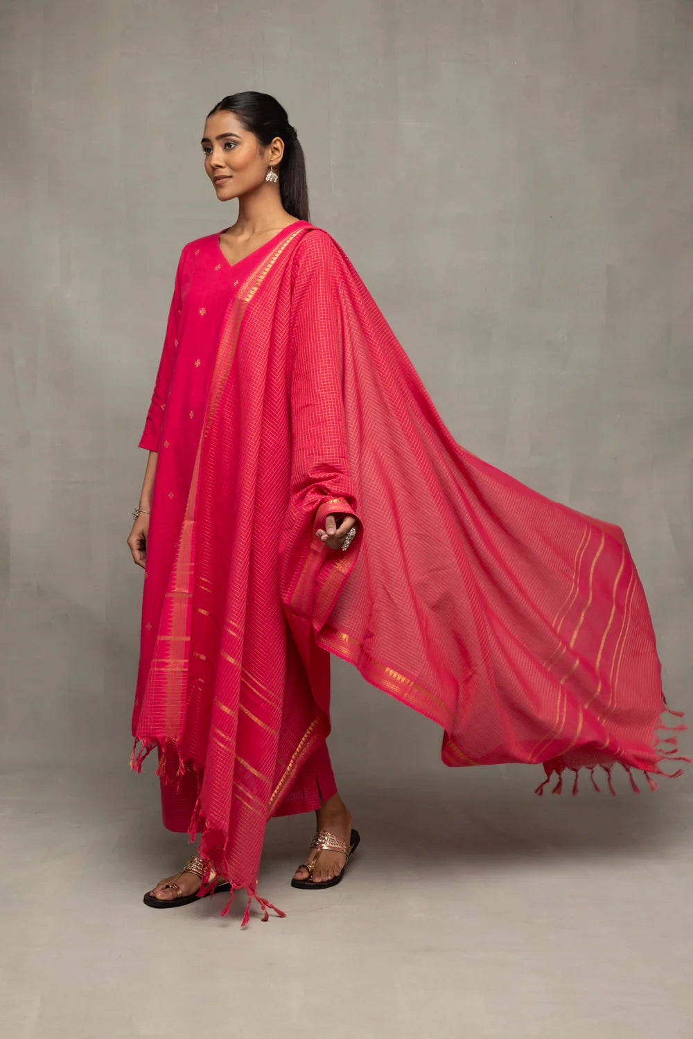 Traditional Amaranth Handwoven South Cotton Kurta Set for Ethnic Wear