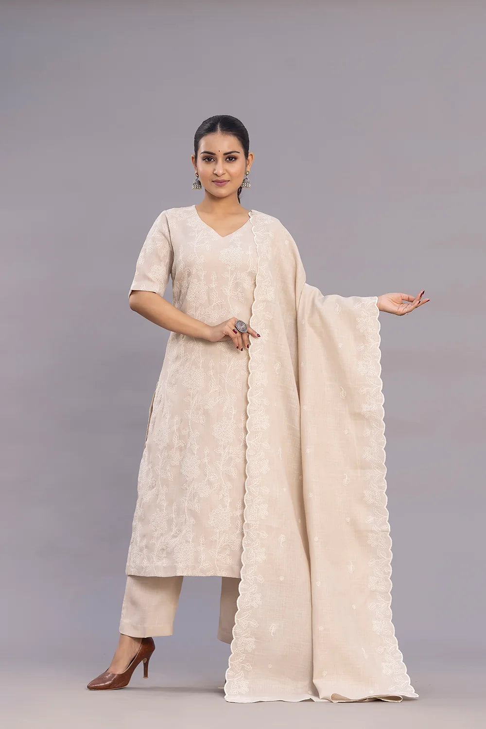 Traditional Beige Linen Embroidered Kurta Set with Dupatta for Ethnic Wear