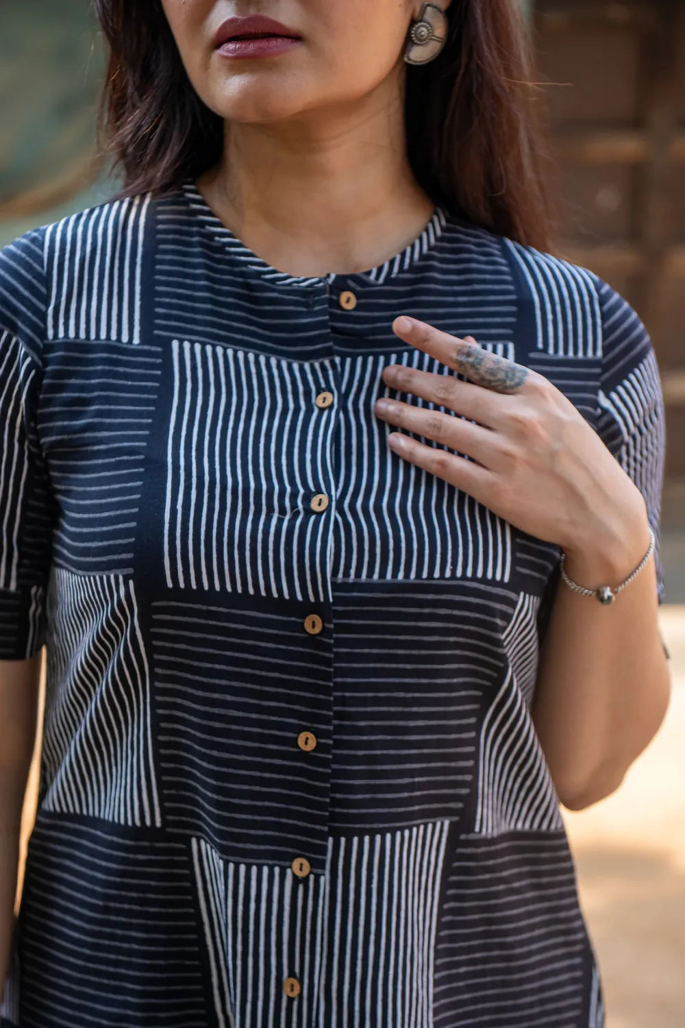 Traditional Black Check Stripes Block Print Co-ord Set for Ethnic Wear