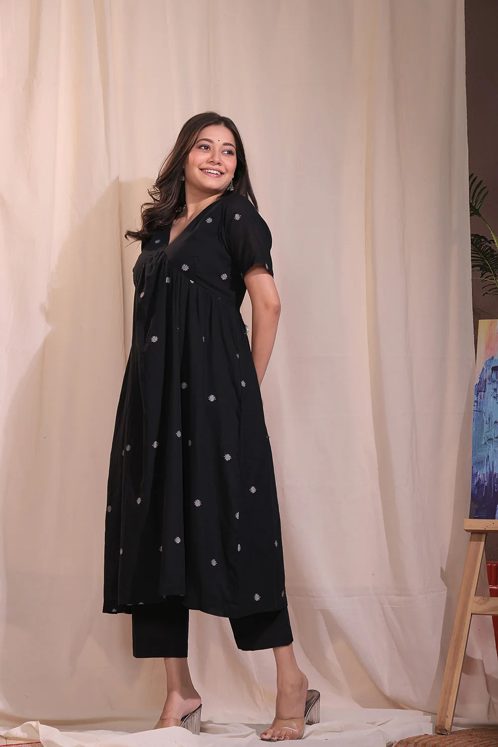 Traditional Black Handloom Jamdani Flared Kurta Set for Ethnic Wear