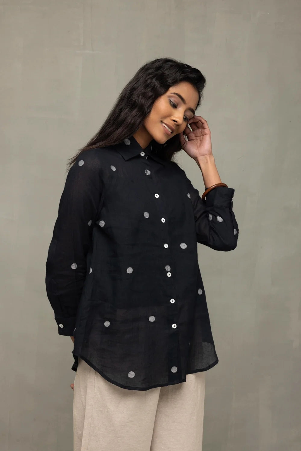 Traditional Black Polka Dot Jamdani Shirt for Ethnic Wear