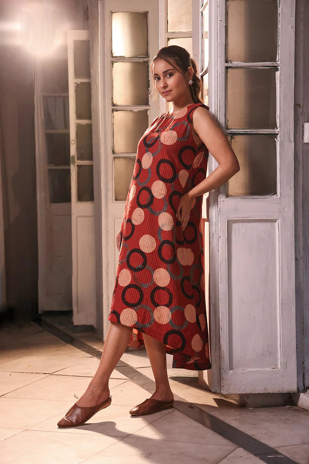 Traditional Brick Red Cotton Ajrakh Block Print Dress for Ethnic Wear