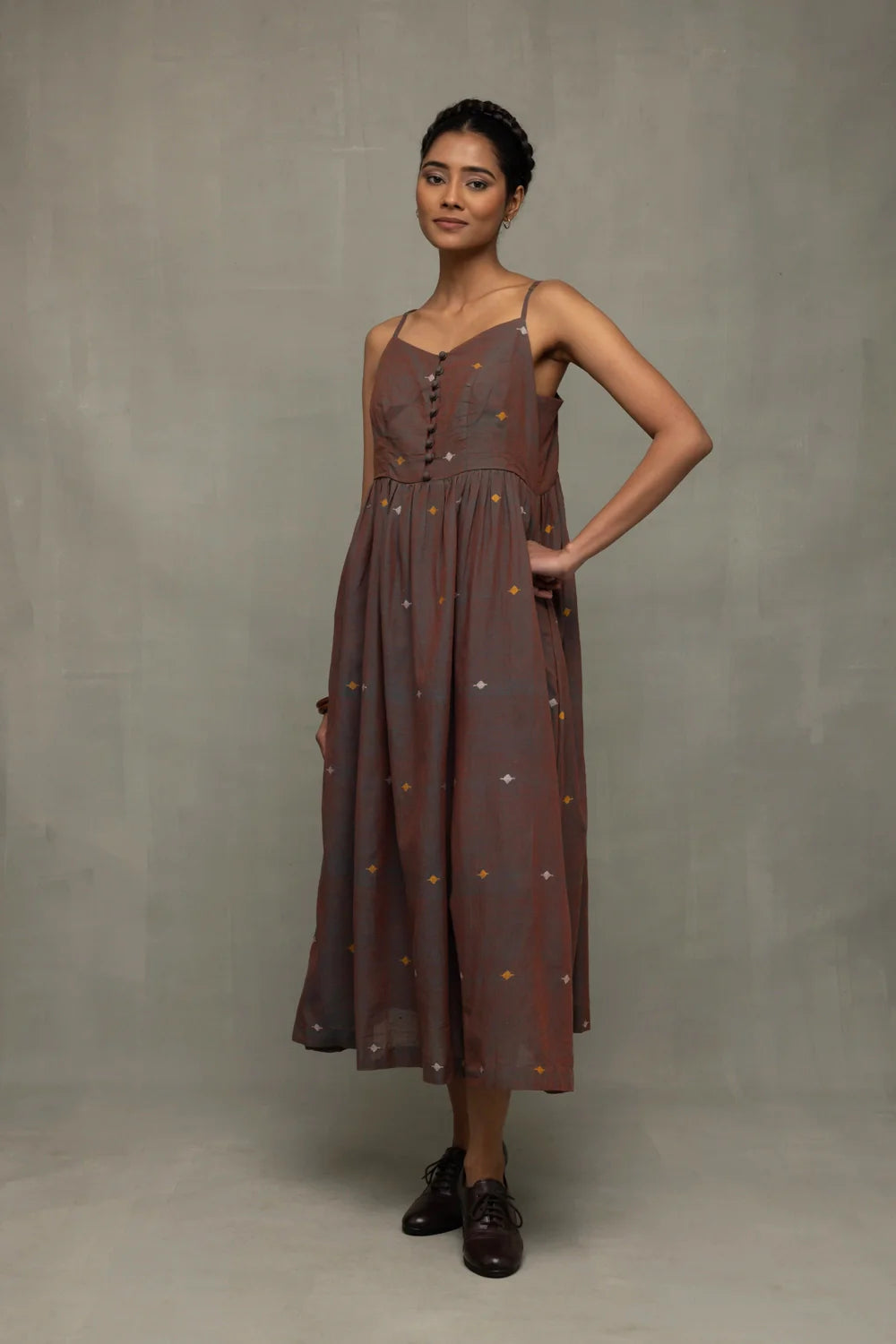 Traditional Brown Duo Tone Handwoven Jamdani Midi Dress for Ethnic Wear