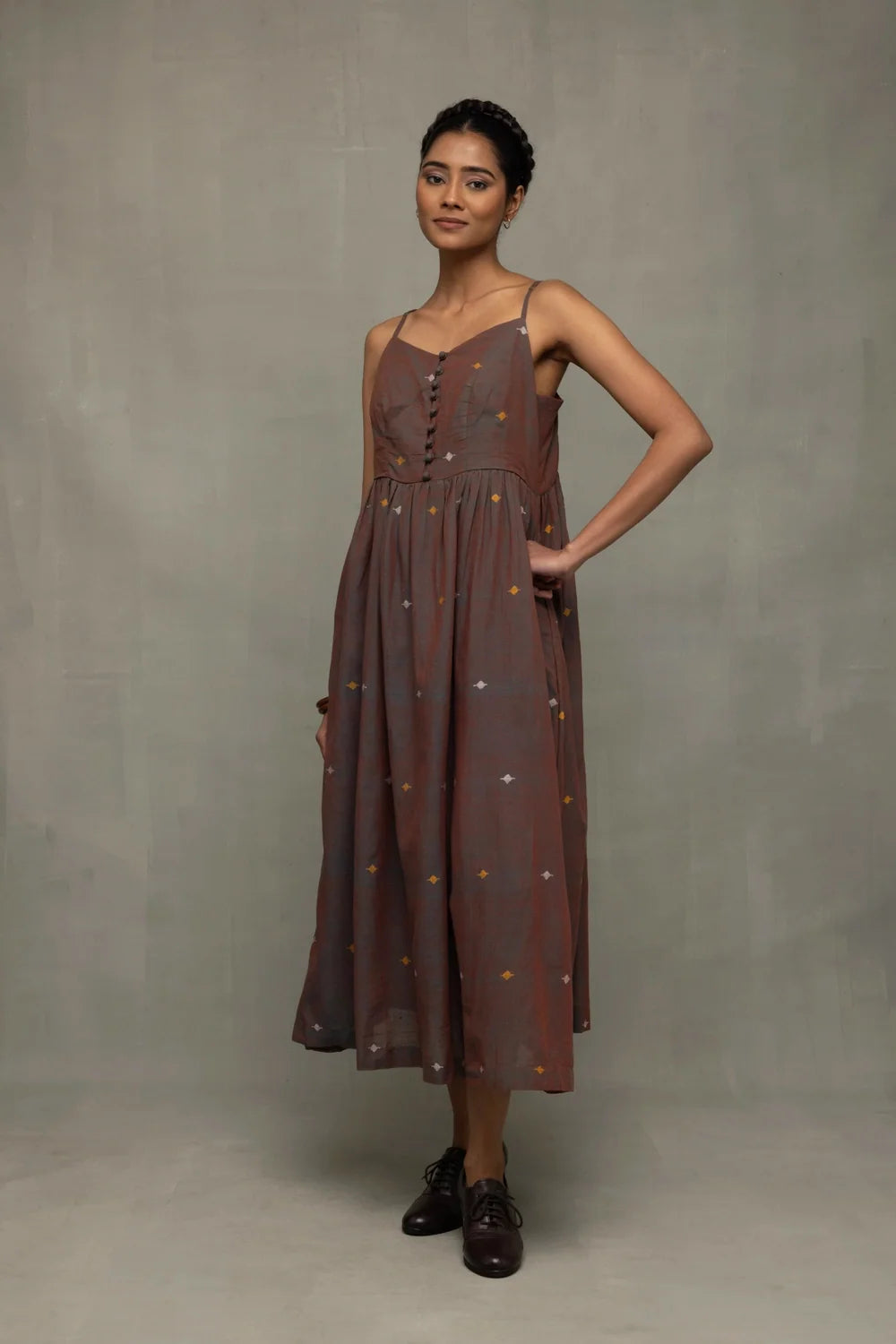Brown Duo Tone Jamdani Hand-Woven Midi Dress-Sutra Art of Clothing