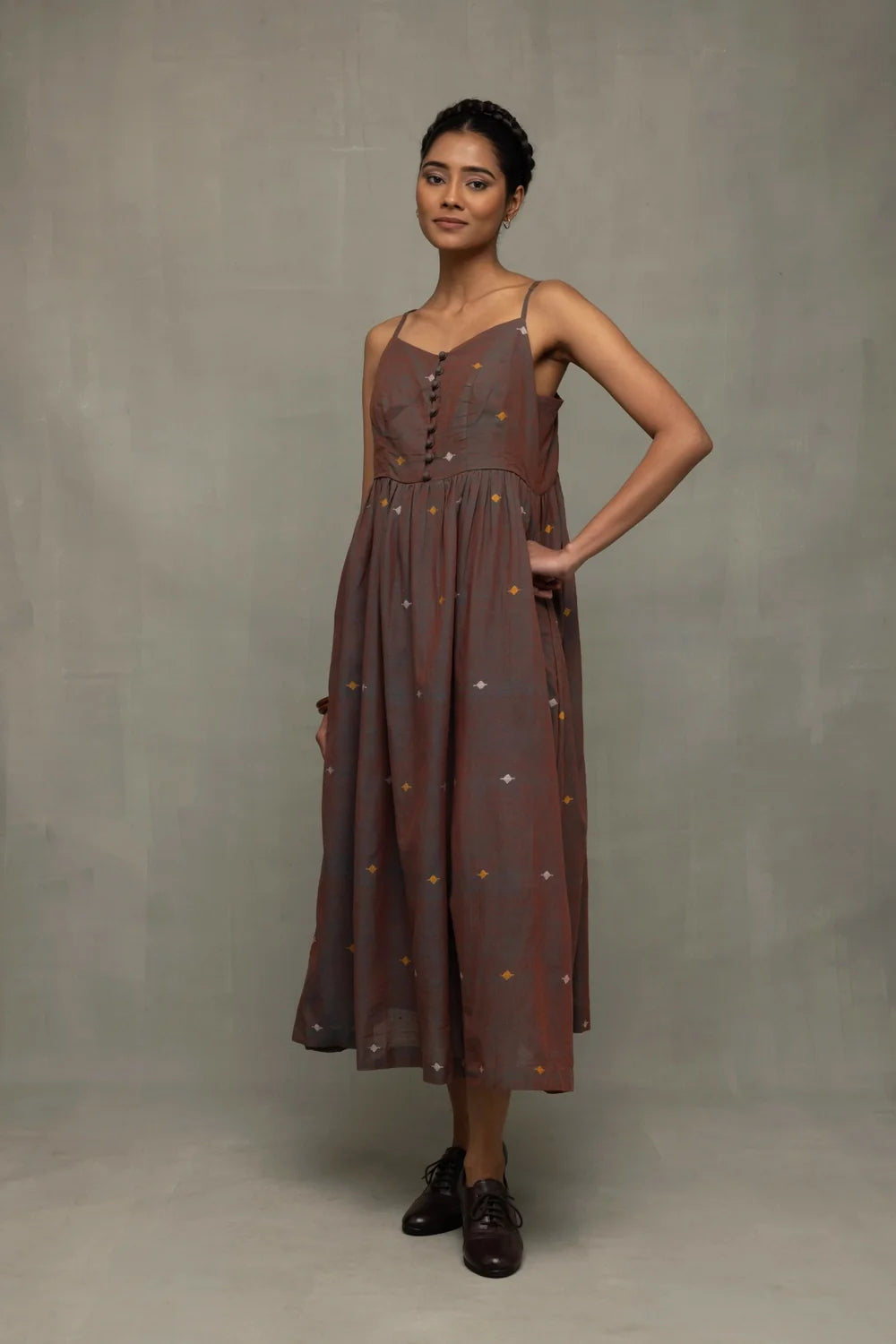 Traditional Brown Duo Tone Handwoven Jamdani Midi Dress for Ethnic Wear