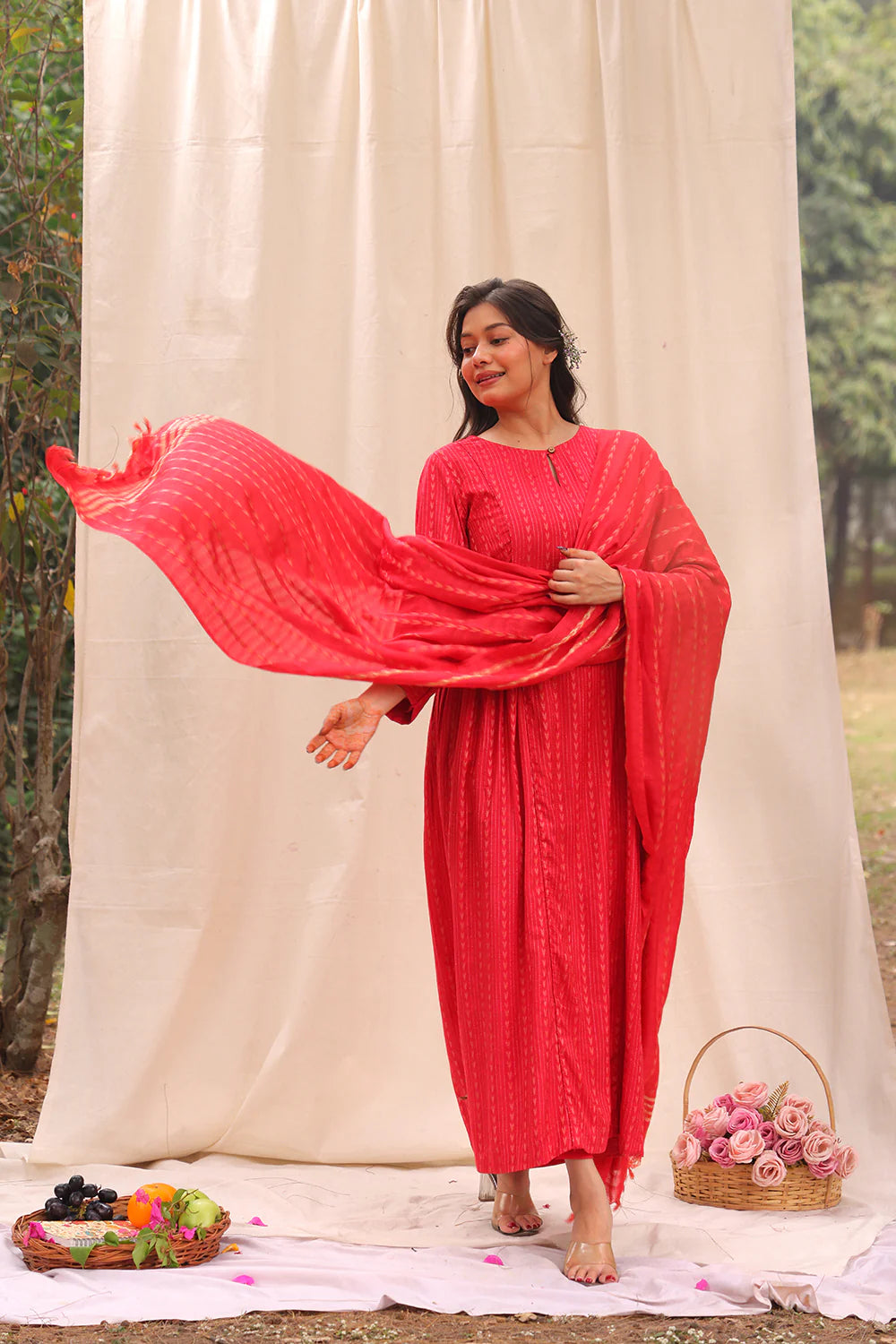 Traditional Candy Red Cotton Silk Woven Kurta Set with Dupatta for Ethnic Wear
