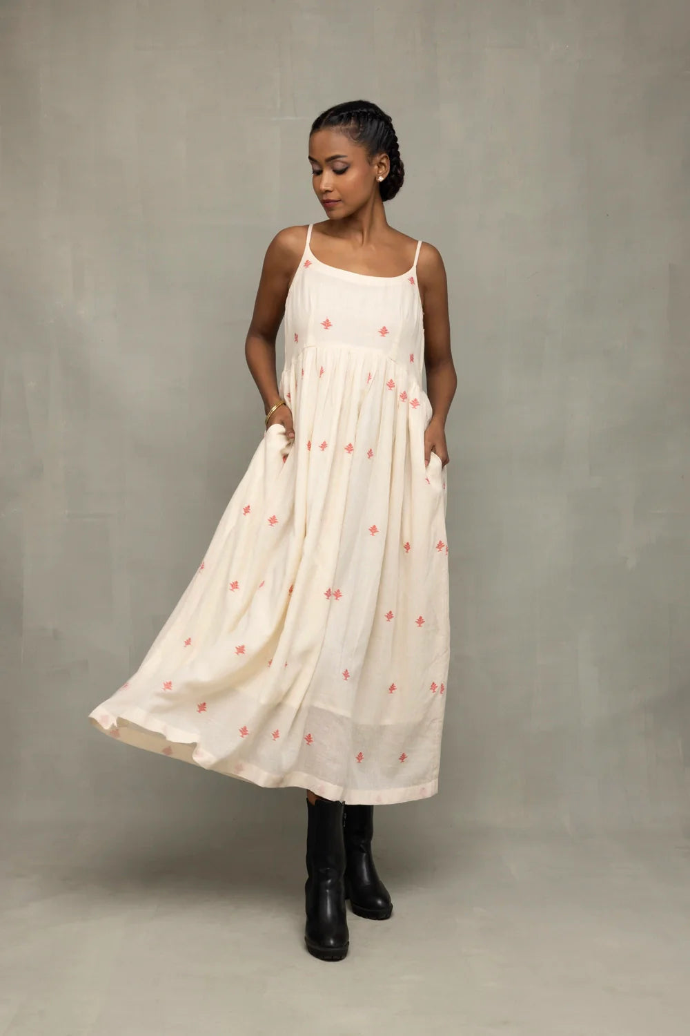 Traditional Cream and Red Dheki Pure Cotton Jamdani Dress for Ethnic Wear