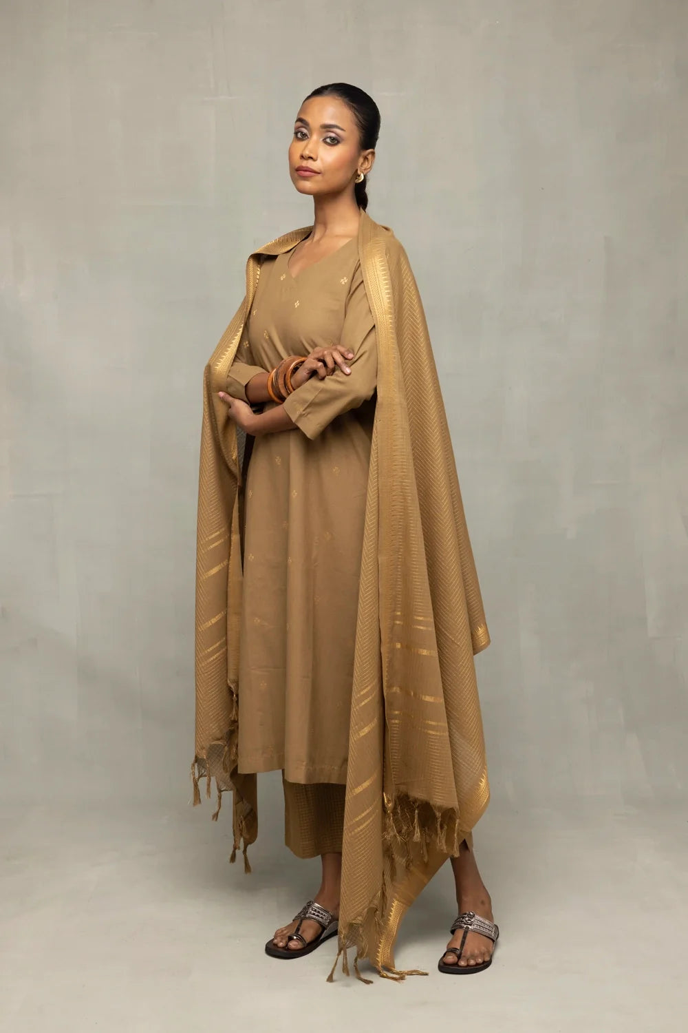 Traditional Damp Sand Kurta Set with Dupatta for Ethnic Wear