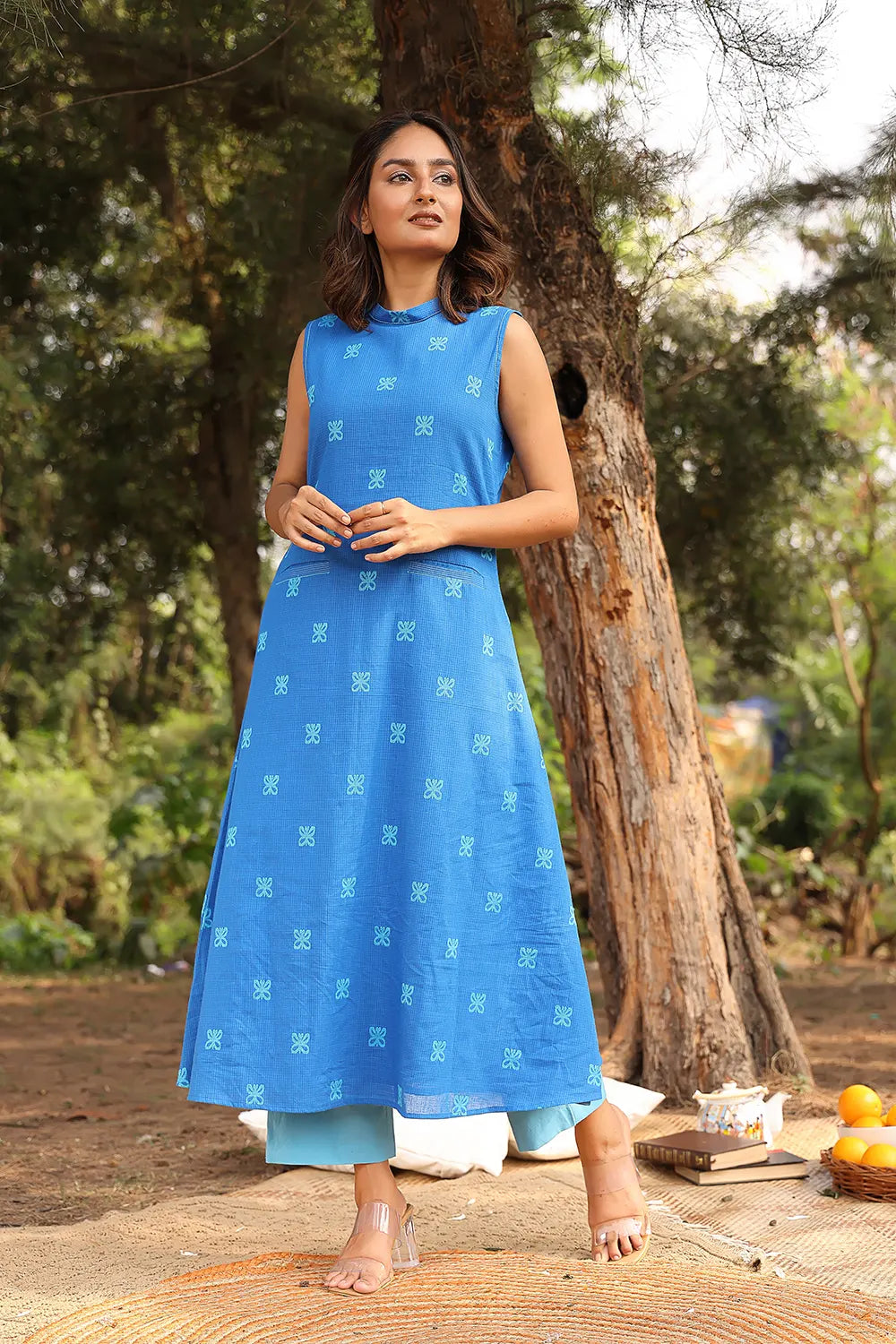Traditional Dark Blue Butterfly Woven Pure Cotton Kurta with Pant Set for Ethnic Wear