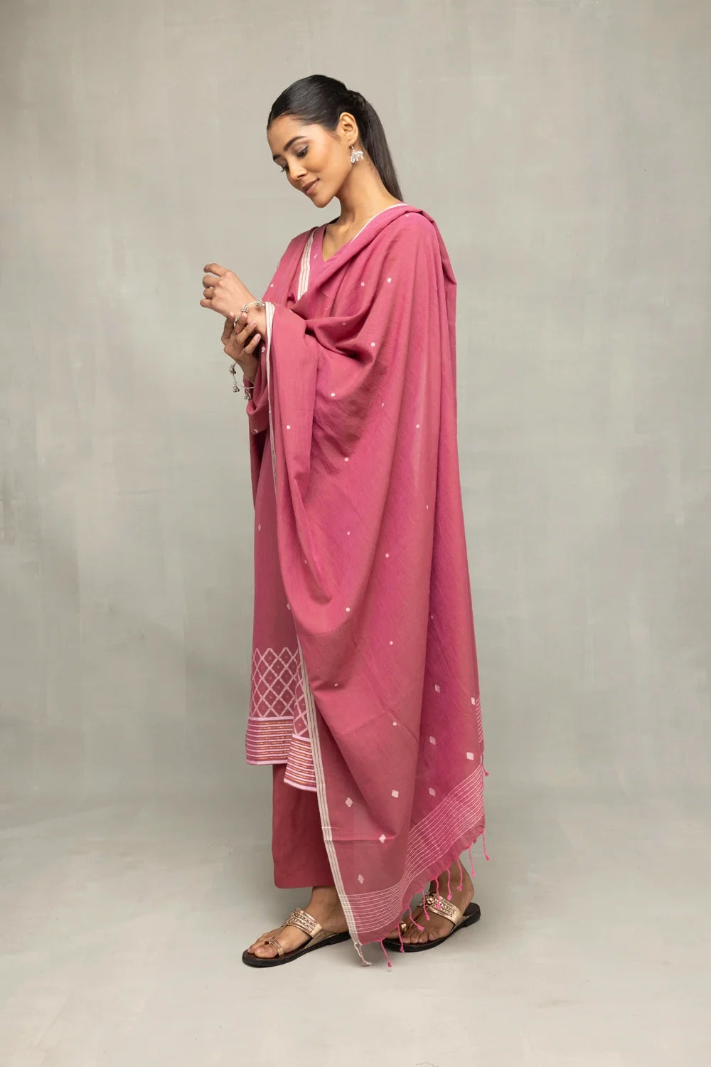Traditional Dusty Rose Cross Motifs Jamdani Kurta Set for Ethnic Wear