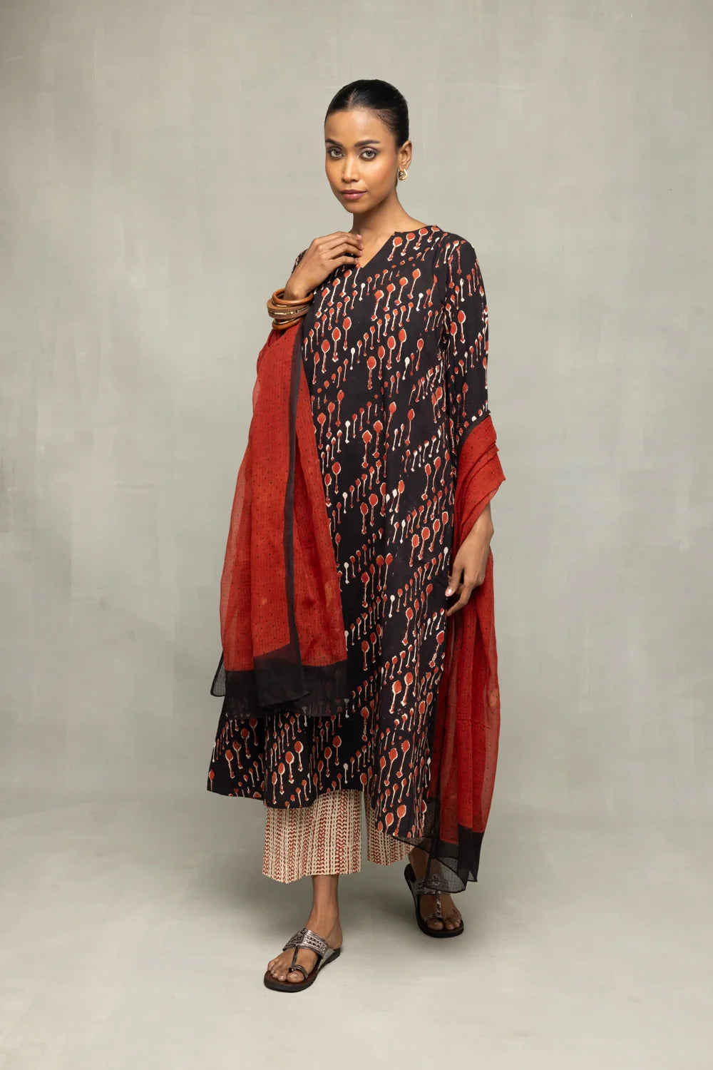 Traditional Ebony Crimson Bagru Block Print Kurta Set for Ethnic Wear
