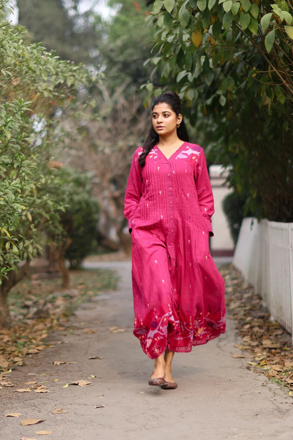 Traditional Fuchsia Pink Jamdani Cotton Dress with Silk Border for Ethnic Wear