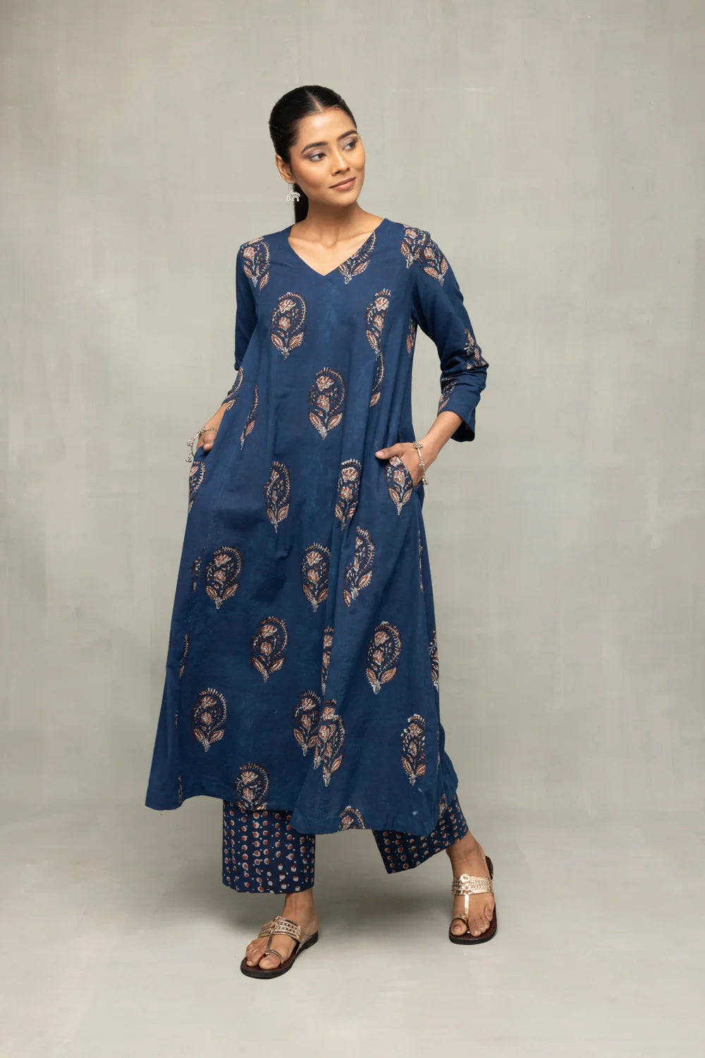 Traditional Indigo Block Print Kurta Set with Dupatta for Ethnic Wear