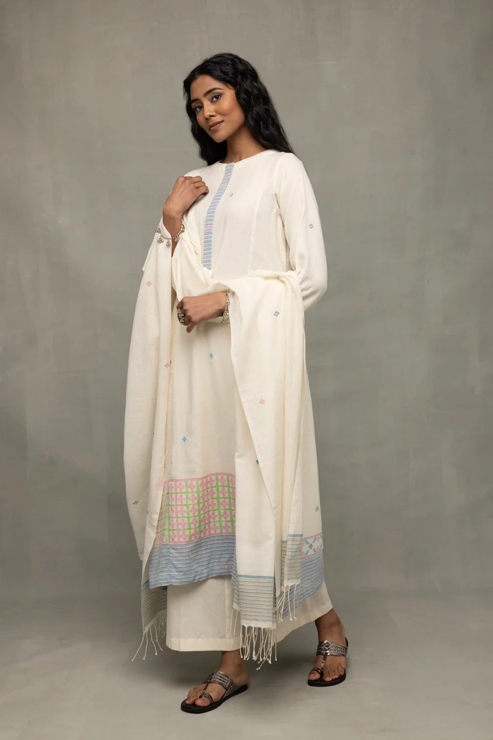 Traditional Ivory Handloom Jamdani Kurta Set with Stripes Dupatta for Ethnic Wear