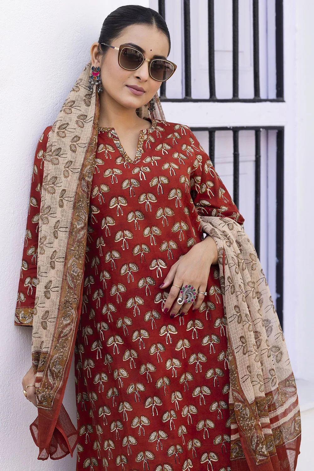 Traditional Maroon Block Print Kurta Set with Dupatta for Ethnic Wear