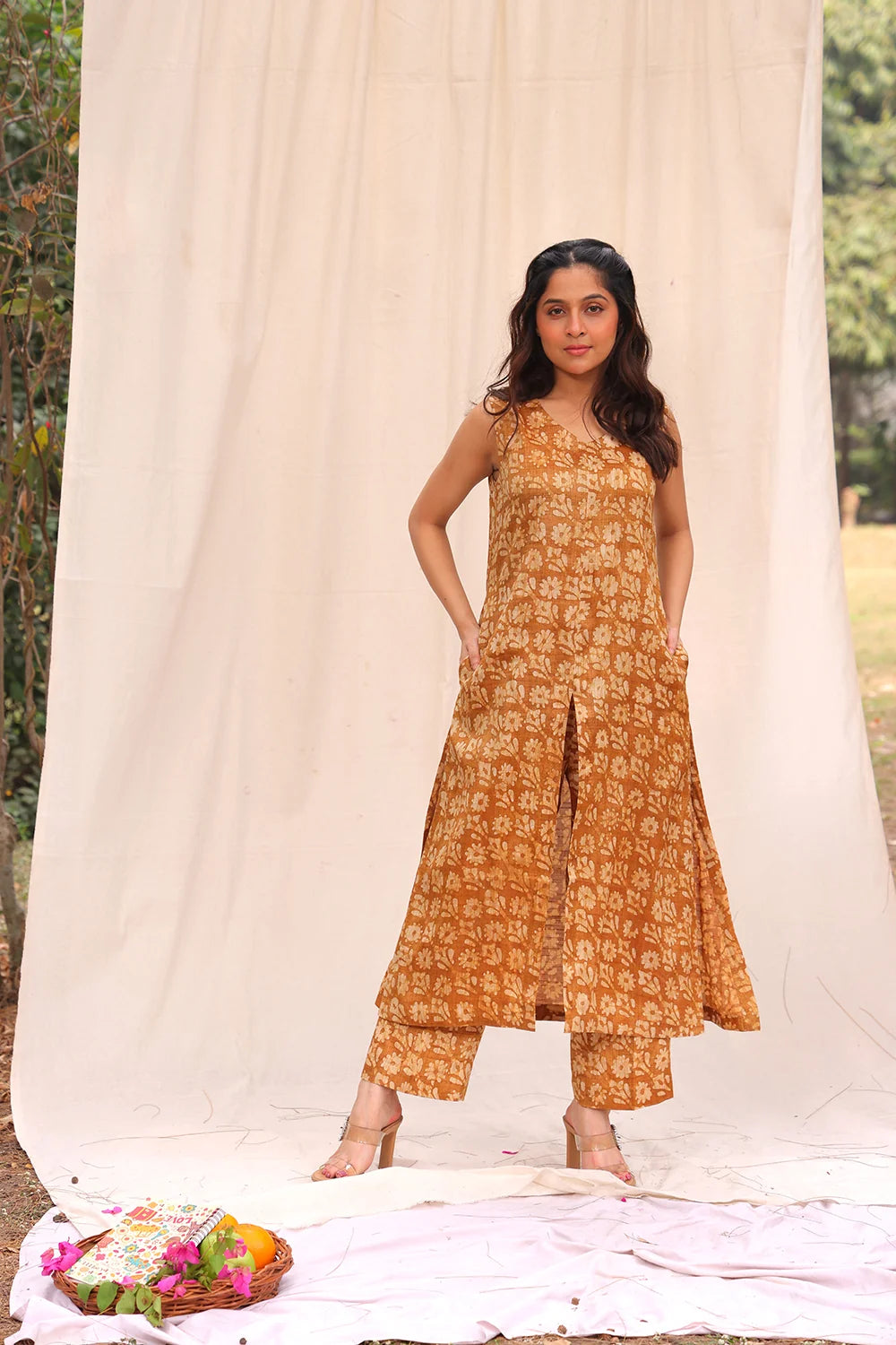Traditional Mustard Yellow Hand Batik Khadi Co-ord Set for Ethnic Wear