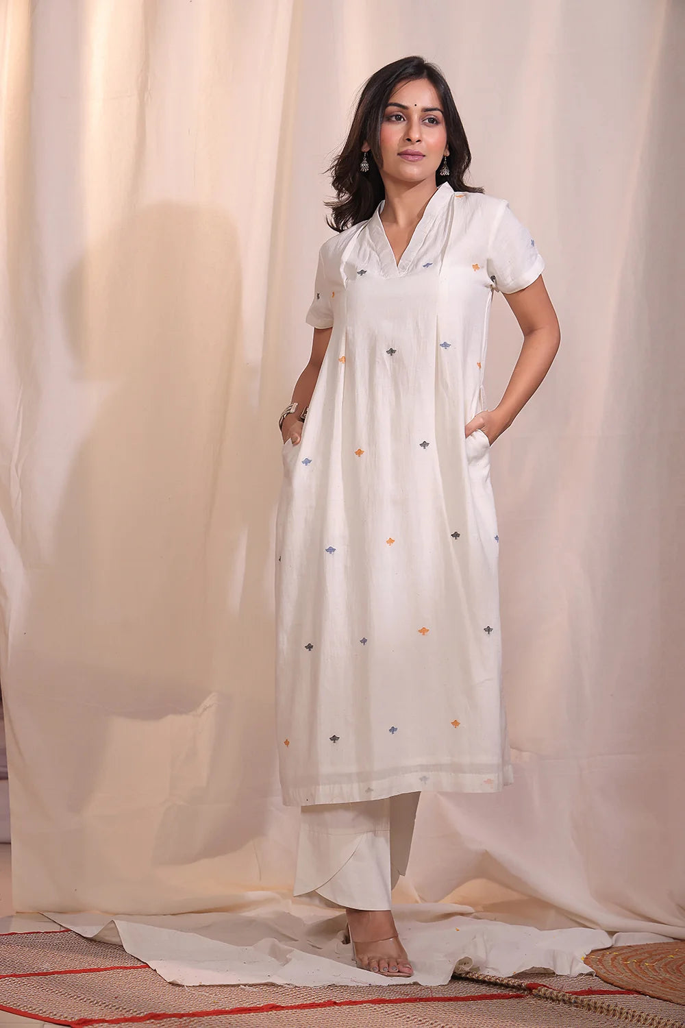 Traditional Off White Handloom Jamdani Birds Motif Kurta Set for Ethnic Wear