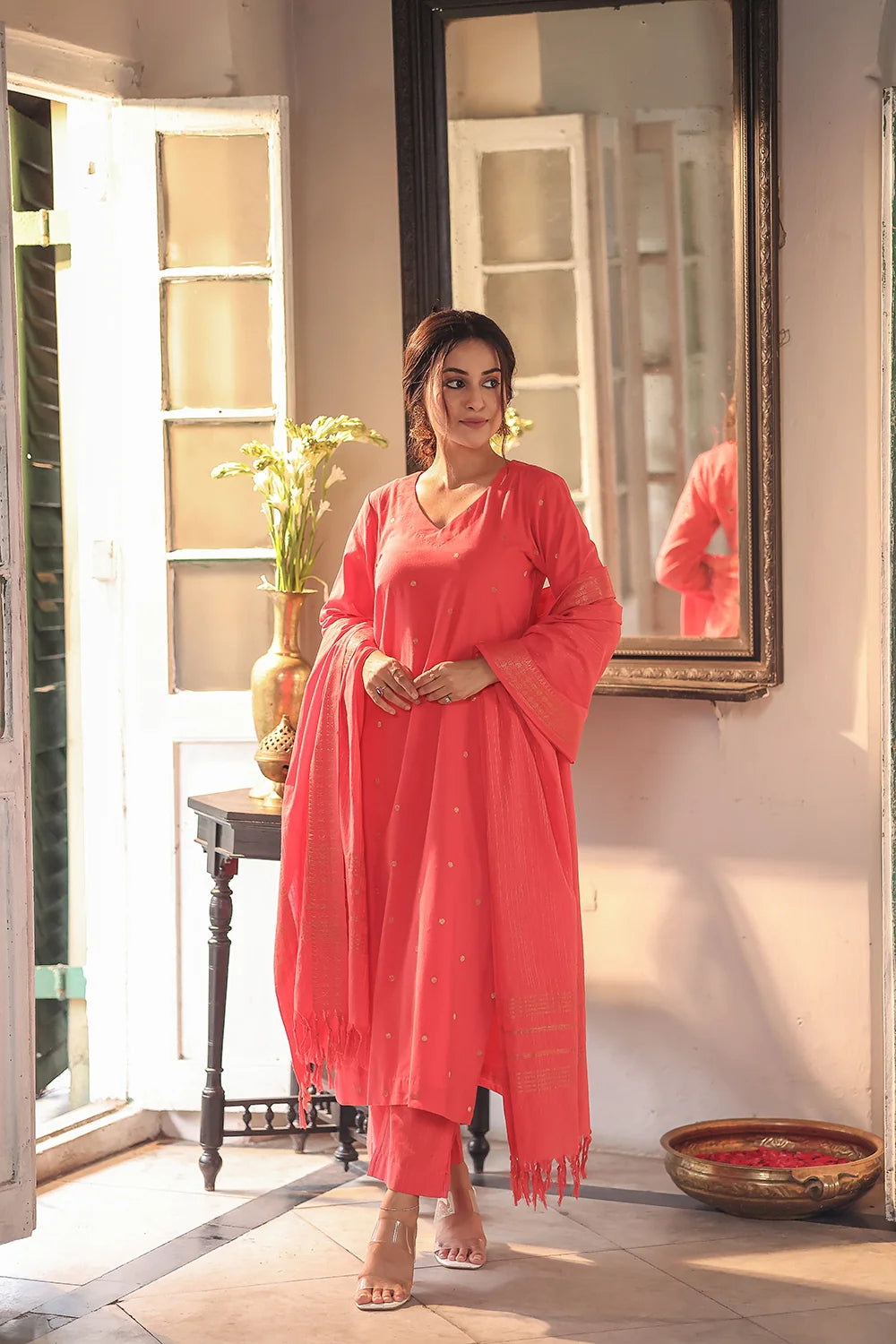 Traditional Orange Pure South Cotton Zari Kurta Set with Dupatta for Ethnic Wear
